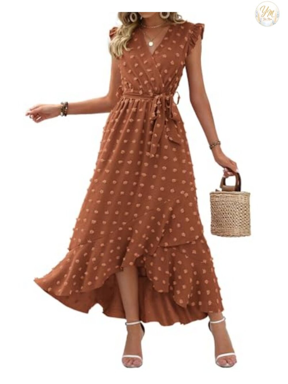 Swiss Dot Maxi Dress V-Neck Ruffle Sleeve Wedding Guest